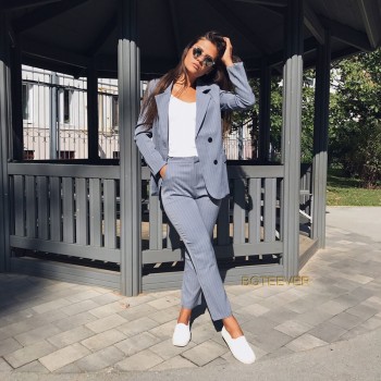 Work Fashion Pant Suits 2 Piece Set for Women Double Breasted Striped Blazer Jacket